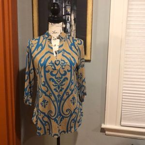 Taupe & Turquoise Print 3/4 Sleeve Blouse